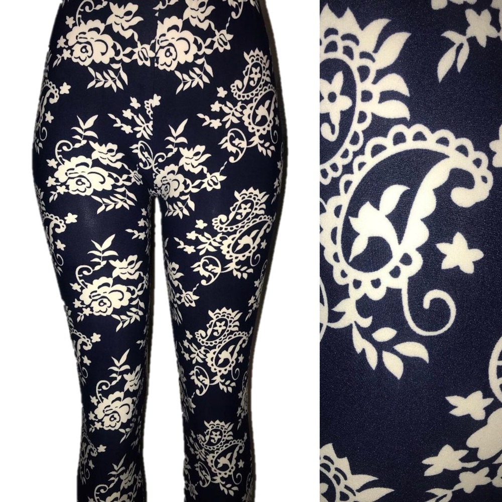 Super Soft Leggings Navy with Ivory Floral Design